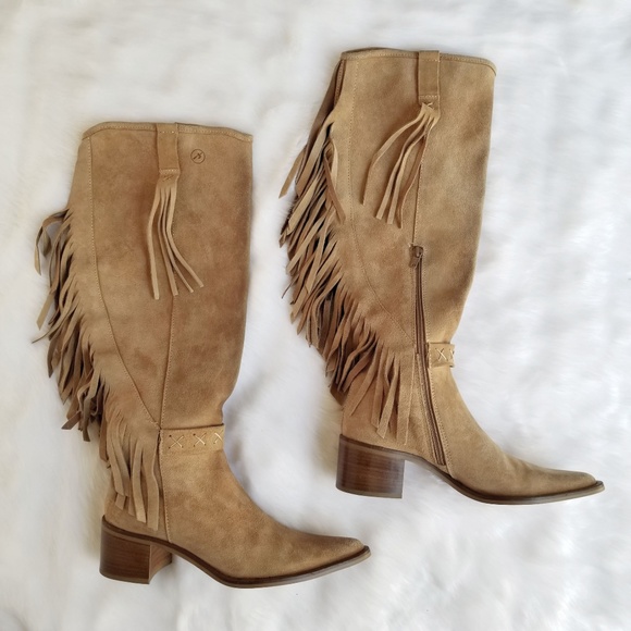 Bronx Shoes - Bronx Pointed Tan Suede Leather Fringe Tall Boots